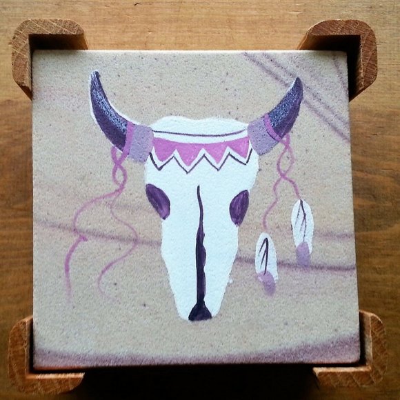 Arizona Sandstone Coasters Wood Holder Steer Head Kokopelli Feathers NEW Set 4 - Picture 1 of 6